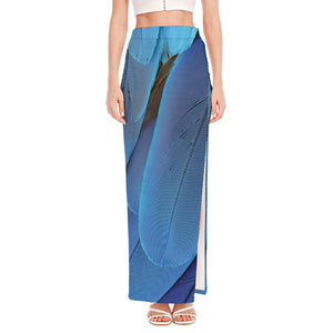 Blue Feather Print High Slit Maxi Skirt