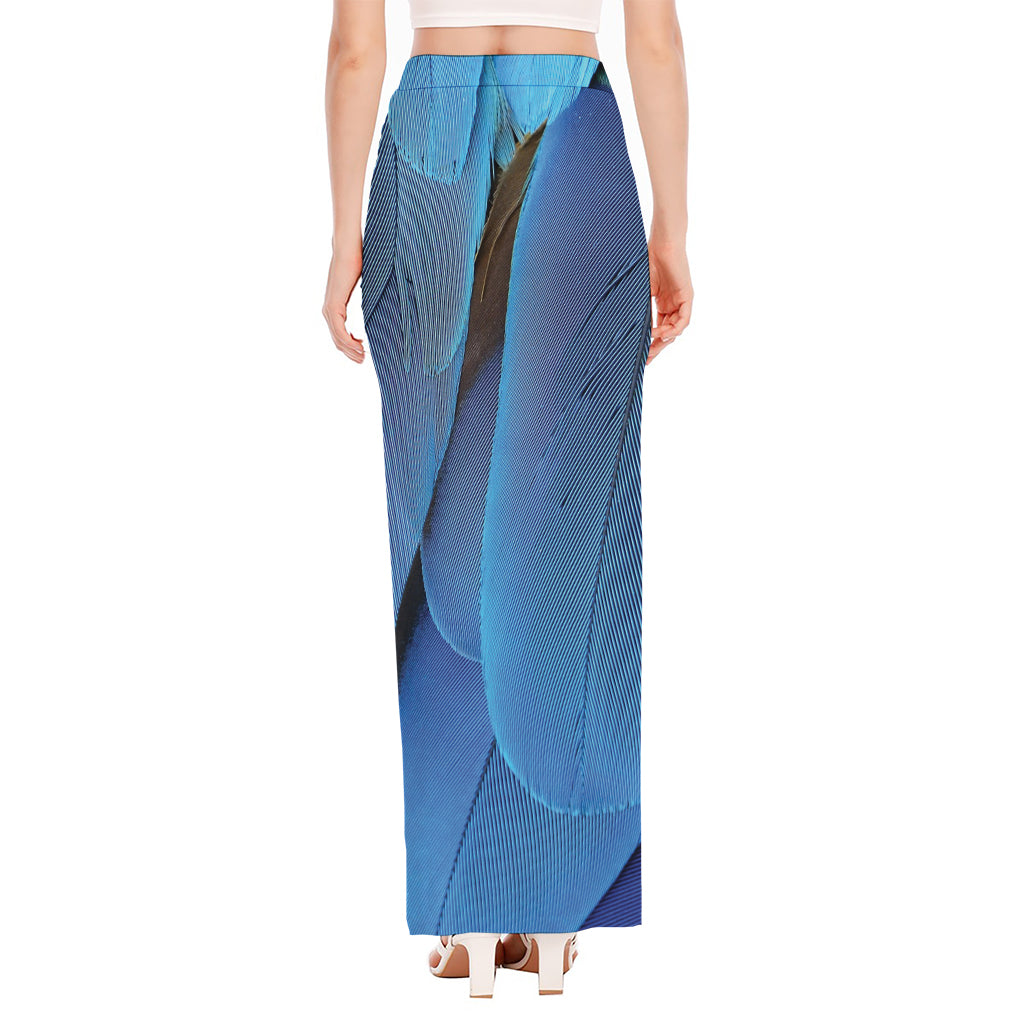 Blue Feather Print High Slit Maxi Skirt