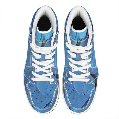 Blue Feather Print High Top Leather Sneakers
