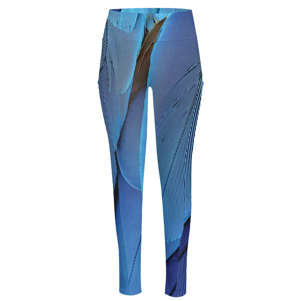 Blue Feather Print High-Waisted Pocket Leggings