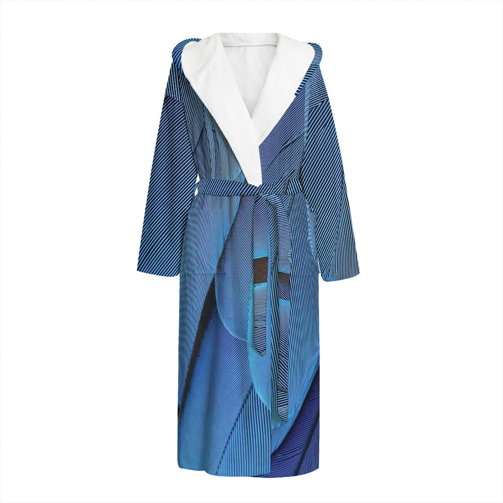 Blue Feather Print Hooded Bathrobe