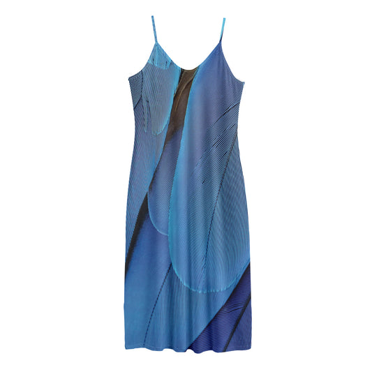 Blue Feather Print Jersey Midi Cami Dress