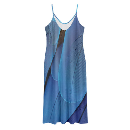 Blue Feather Print Jersey Midi Cami Dress