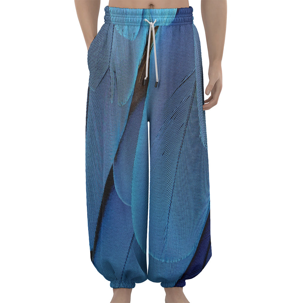 Blue Feather Print Lantern Pants