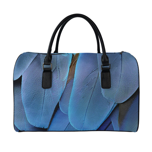 Blue Feather Print Leather Duffle Bag