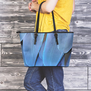 Blue Feather Print Leather Tote Bag