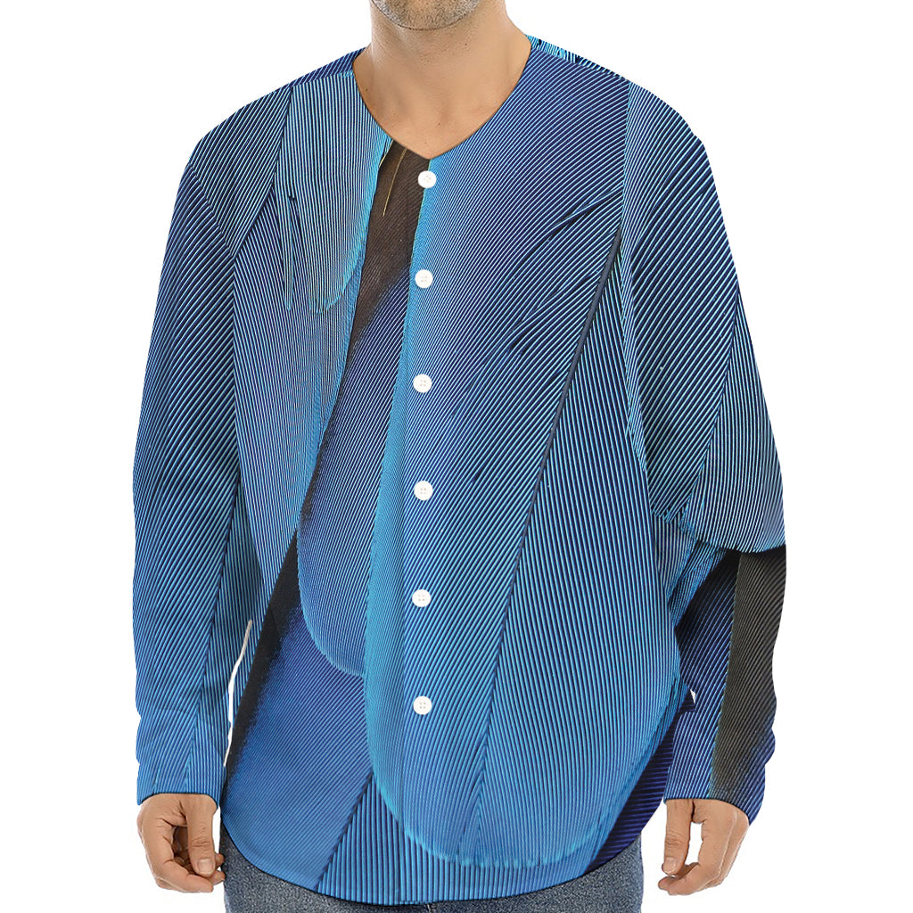 Blue Feather Print Long Sleeve Baseball Jersey