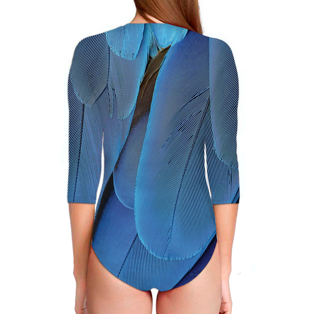 Blue Feather Print Long Sleeve Swimsuit