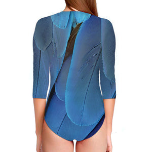 Blue Feather Print Long Sleeve Swimsuit