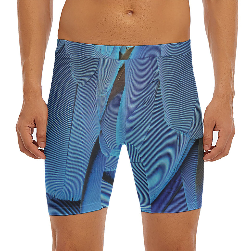 Blue Feather Print Men's Long Boxer Briefs