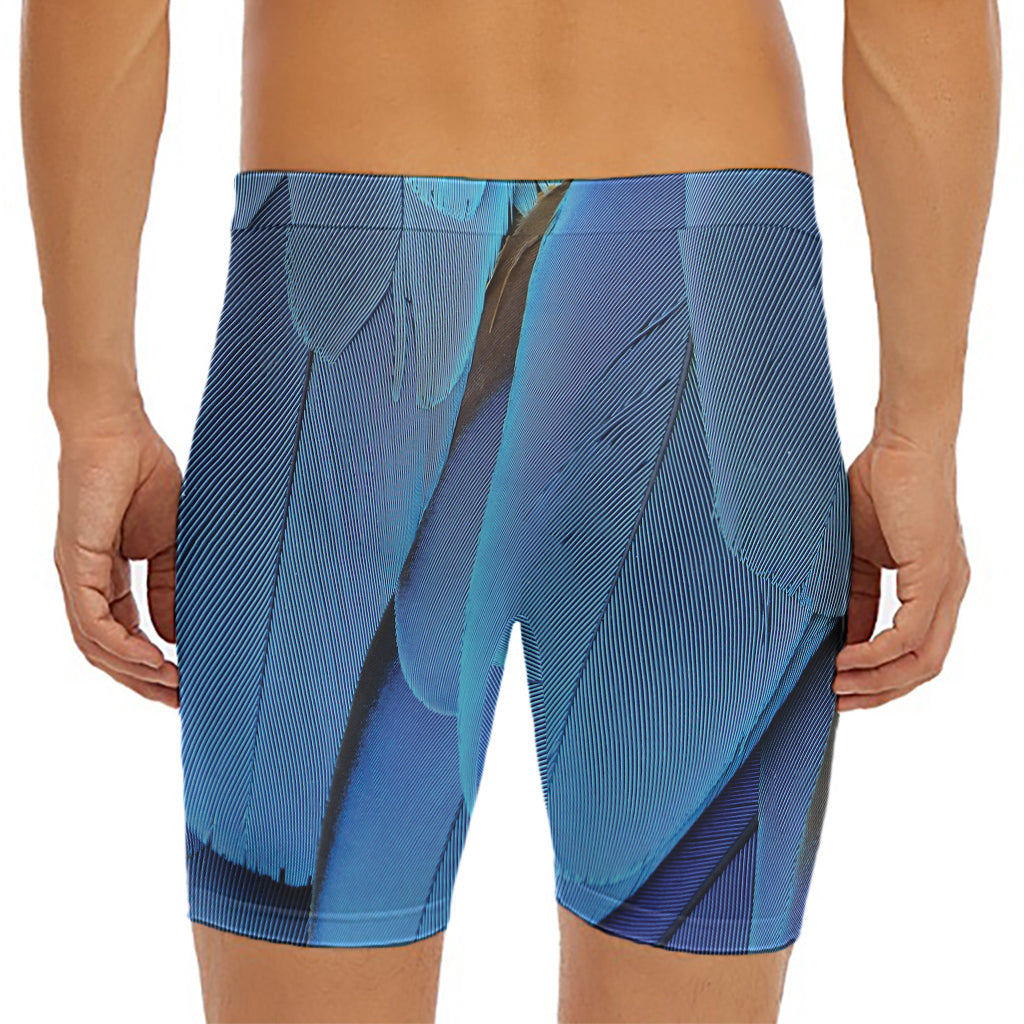 Blue Feather Print Men's Long Boxer Briefs