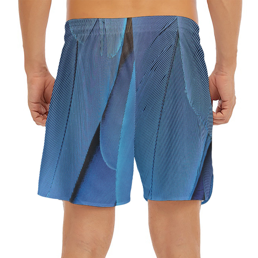 Blue Feather Print Men's Split Running Shorts