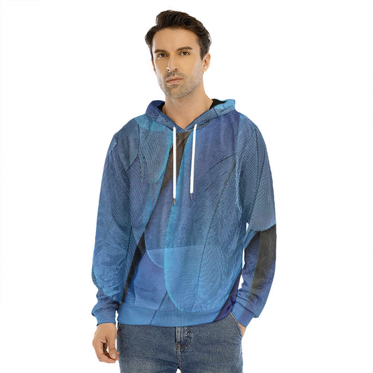 Blue Feather Print Men's Velvet Pullover Hoodie