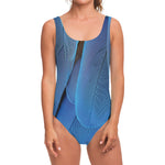 Blue Feather Print One Piece Swimsuit