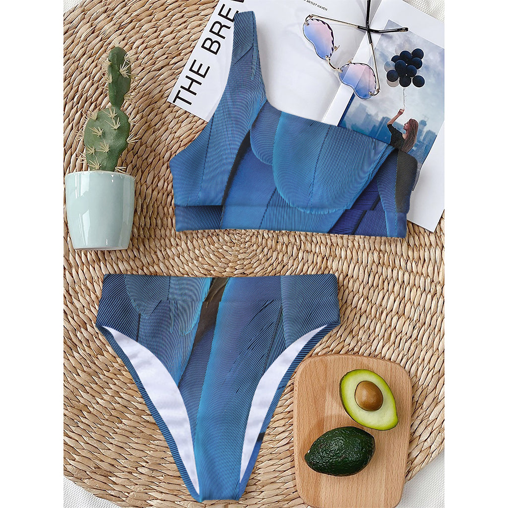 Blue Feather Print One Shoulder Bikini Top