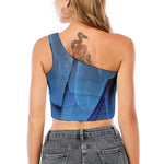 Blue Feather Print One Shoulder Crop Top