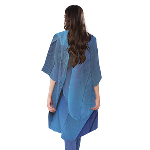 Blue Feather Print Open Front Beach Cover Up