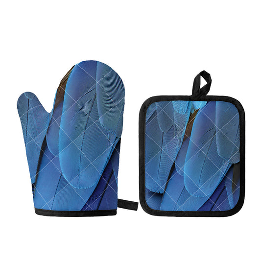 Blue Feather Print Oven Mitt And Pot Holder Set