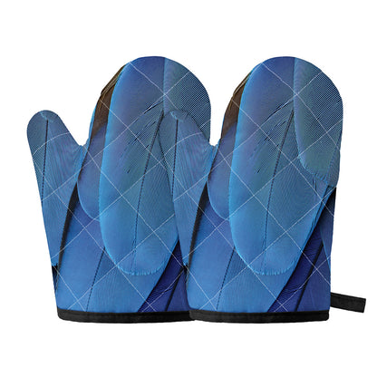 Blue Feather Print Oven Mitts