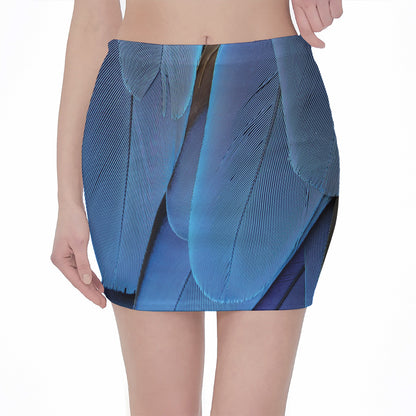 Blue Feather Print Pencil Mini Skirt