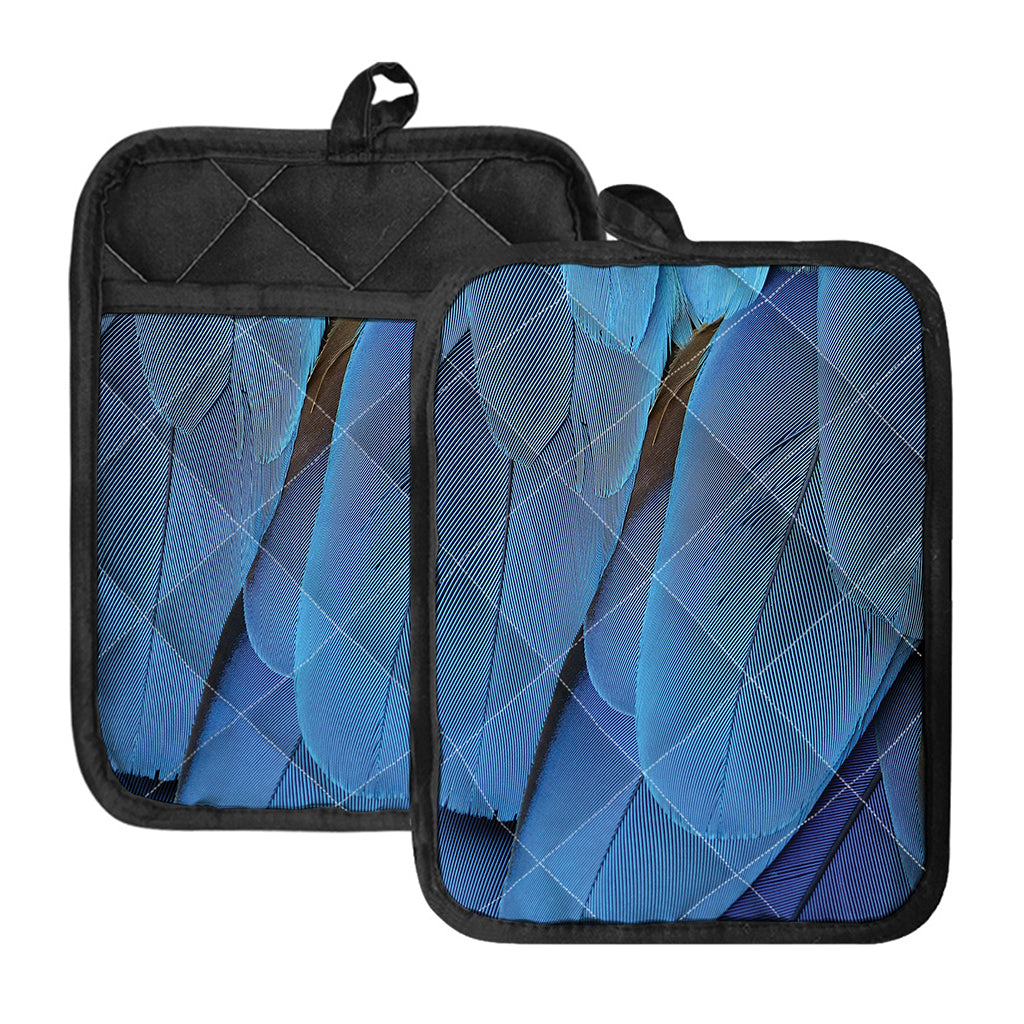 Blue Feather Print Pot Holders With Pocket