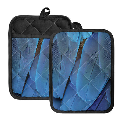 Blue Feather Print Pot Holders With Pocket