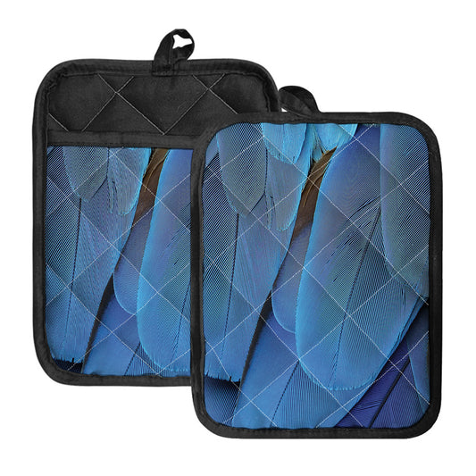 Blue Feather Print Pot Holders With Pocket
