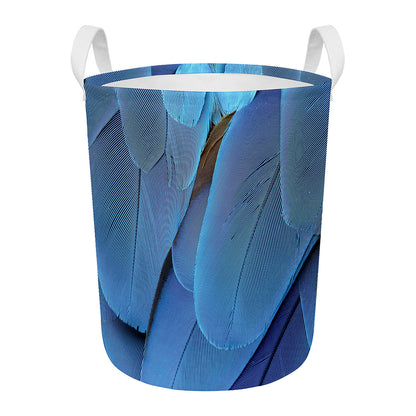 Blue Feather Print Round Laundry Basket