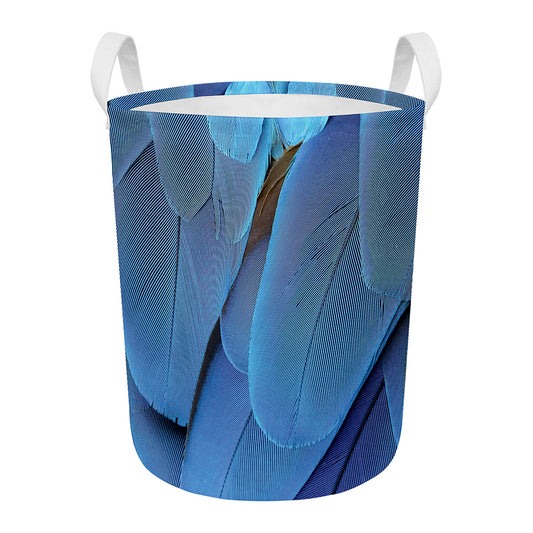 Blue Feather Print Round Laundry Basket