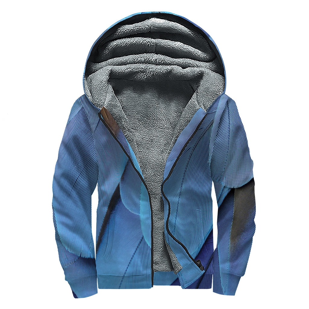 Blue Feather Print Sherpa Lined Zip Up Hoodie