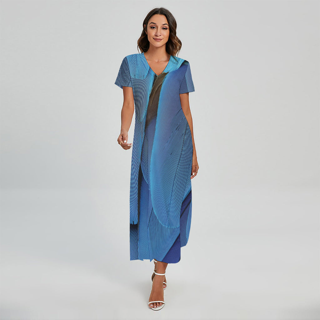 Blue Feather Print Short Sleeve Maxi Dress