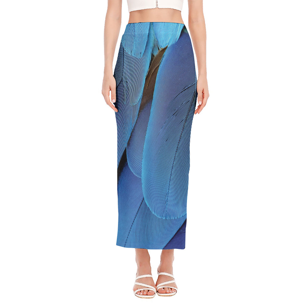 Blue Feather Print Side Slit Maxi Skirt