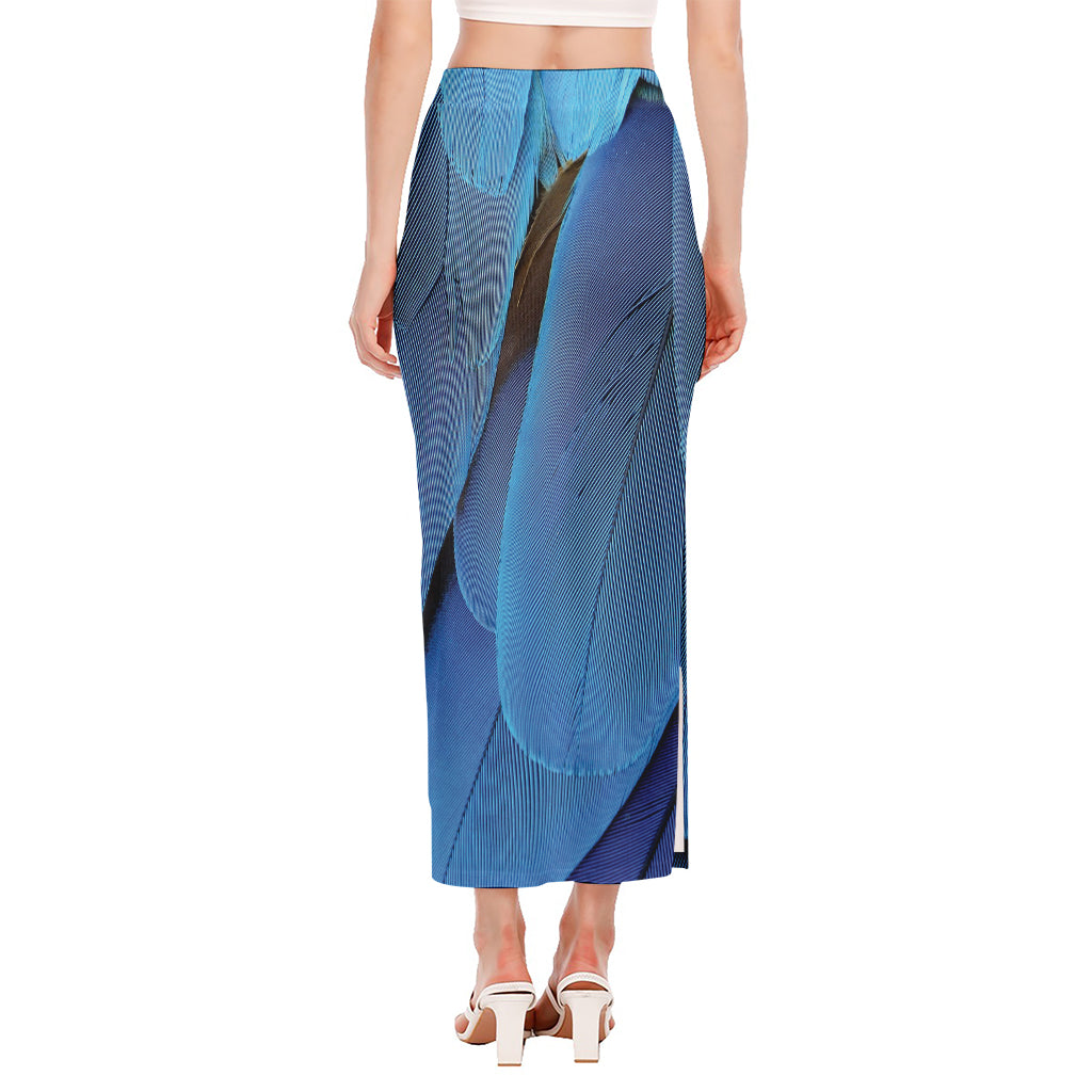 Blue Feather Print Side Slit Maxi Skirt