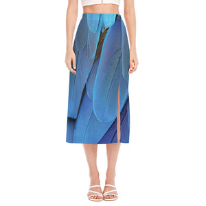 Blue Feather Print Side Slit Midi Skirt