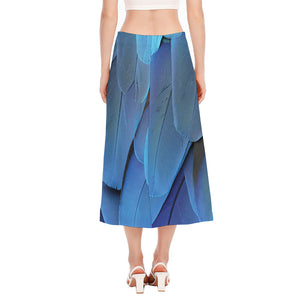 Blue Feather Print Side Slit Midi Skirt