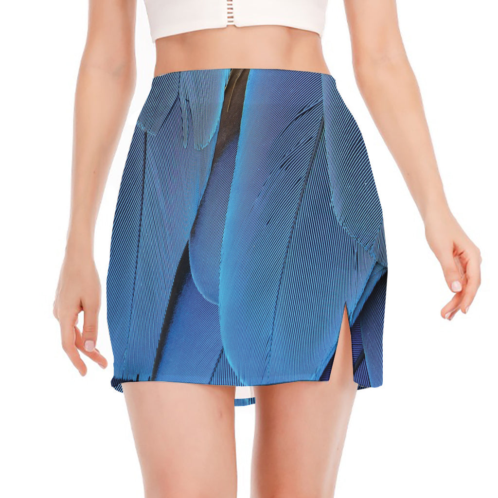 Blue Feather Print Side Slit Mini Skirt