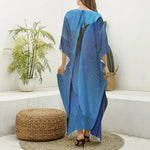 Blue Feather Print Silk V-Neck Kaftan Dress