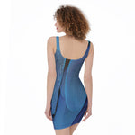 Blue Feather Print Sleeveless Bodycon Dress