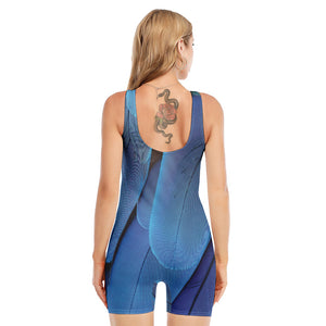 Blue Feather Print Sleeveless One Piece Swimsuit