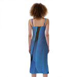 Blue Feather Print Slim Fit Midi Cami Dress