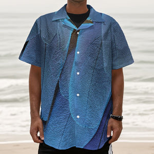 Blue Feather Print Textured Short Sleeve Shirt