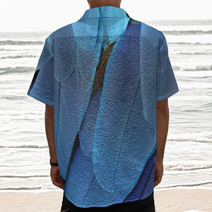 Blue Feather Print Textured Short Sleeve Shirt