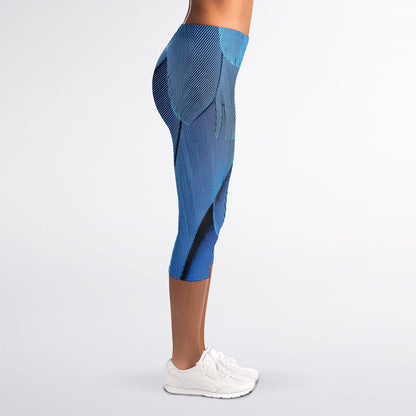 Blue Feather Print Women's Capri Leggings