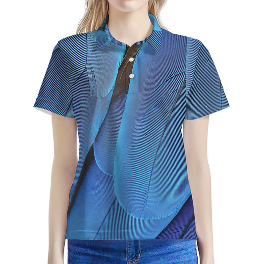 Blue Feather Print Women's Polo Shirt