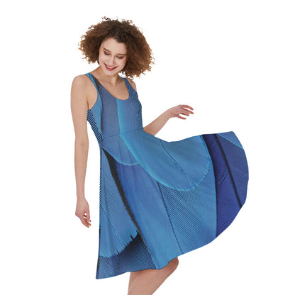 Blue Feather Print Women's Sleeveless Dress