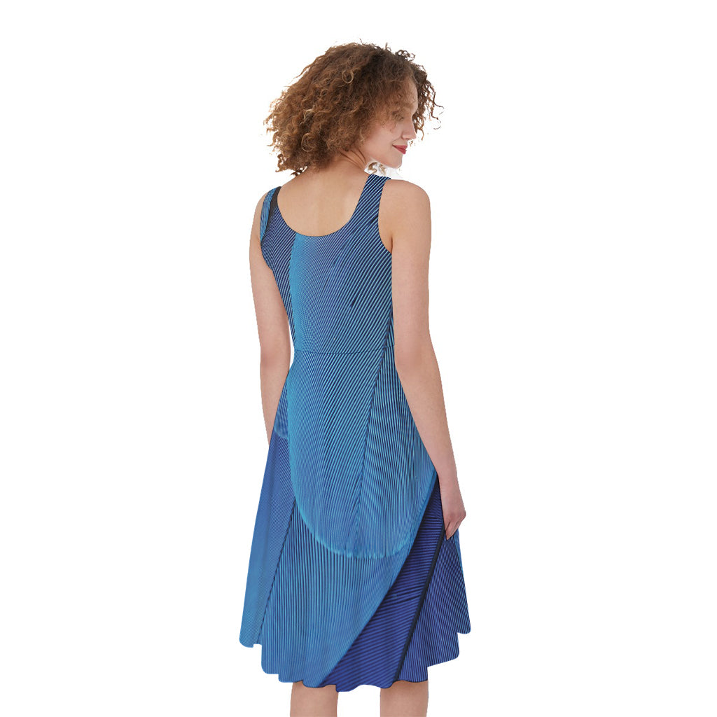 Blue Feather Print Women's Sleeveless Dress