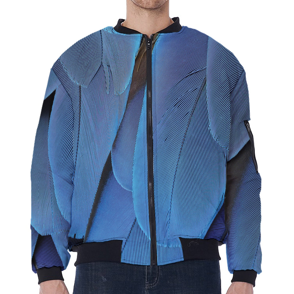Blue Feather Print Zip Sleeve Bomber Jacket