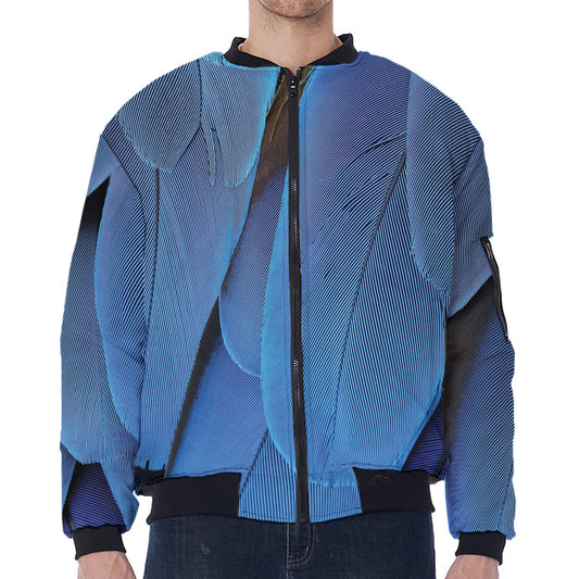Blue Feather Print Zip Sleeve Bomber Jacket