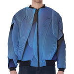 Blue Feather Print Zip Sleeve Bomber Jacket