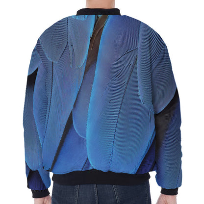 Blue Feather Print Zip Sleeve Bomber Jacket
